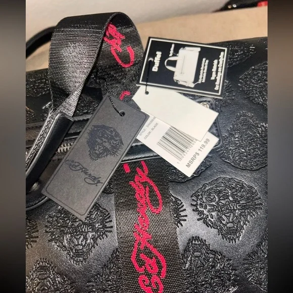NWT Ed Hardy Black Tiger Embossed Duffel Bag with Guitar Cross Body Straps - Picture 5 of 12